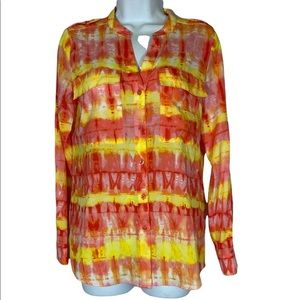 Calvin Klein Button‎ Down Shirt Pink Yellow Print Long Sleeve Front Pockets XS